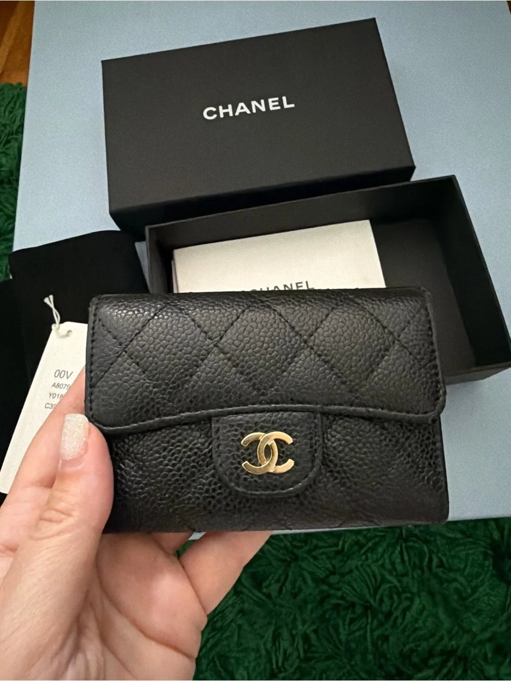 CHANEL Black Quilted Caviar Leather Card Case with Gold CC Hardware